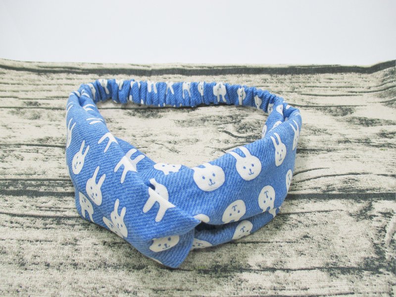 可爱兔兔(蓝)：日本二重纱手工松紧交叉发带. 成人款发带. - 发饰 - 棉．麻 蓝色