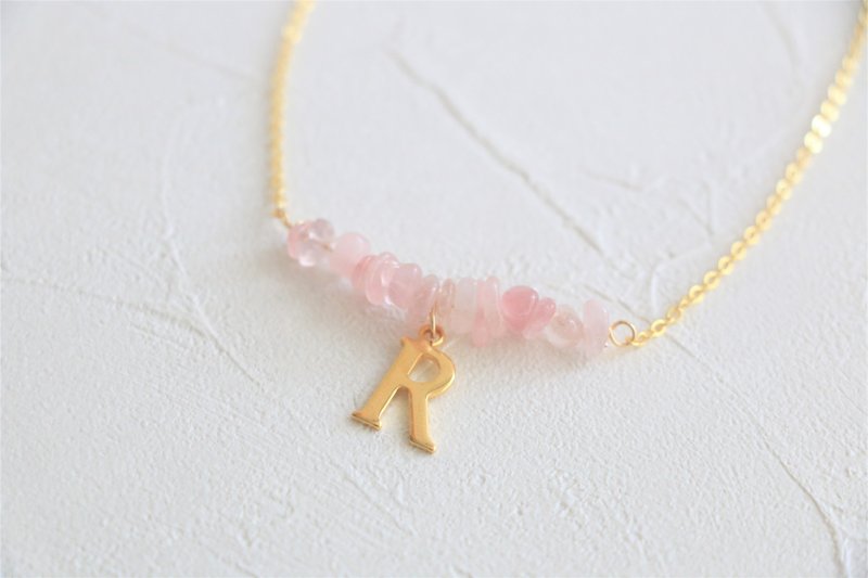 天然粉晶英文宇项链 原石颈链项链 粉晶项链 镀金轻珠宝颈链 - 项链 - 宝石 粉红色