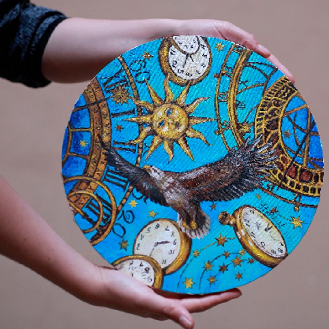 Original surreal blue gold oil painting Steampunk Fantasy Celestial Art Zodiac a - 其他 - 环保材料 多色
