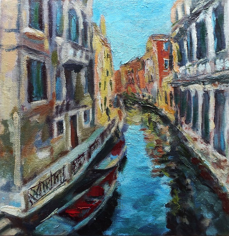 Venice Canal Cityscape Painting Original Oil Art Impasto Wall Art Impressionism - 海报/装饰画/版画 - 其他材质 蓝色
