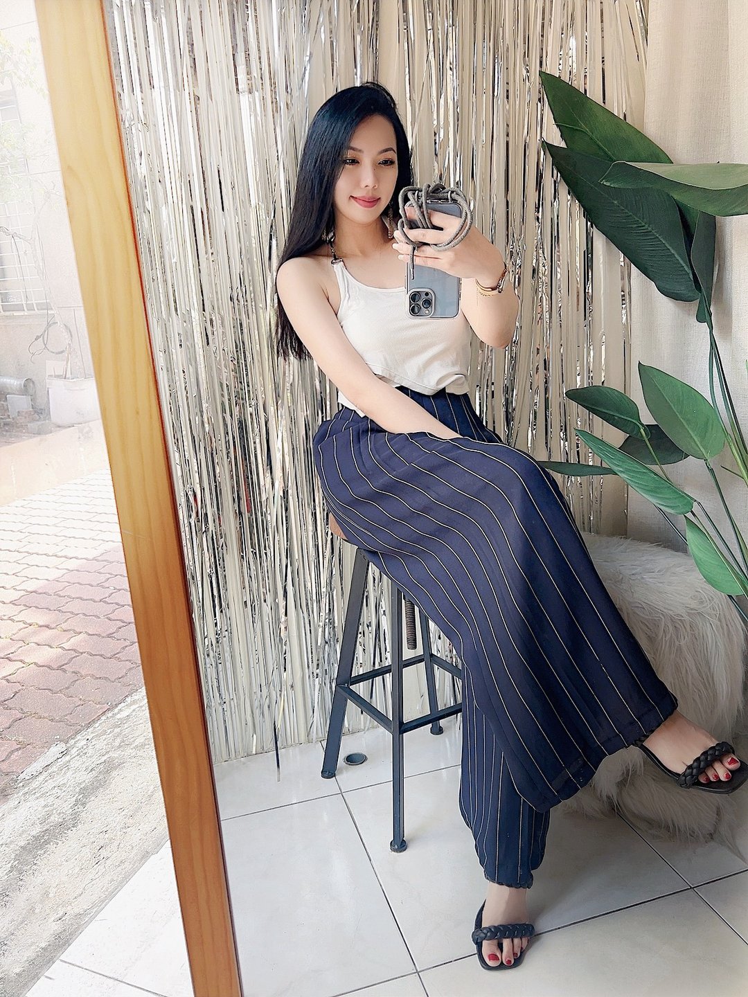 深海蓝悠扬直纹打折经典时光 古着纺纱长裤宽裤 pants vintage - 女装长裤 - 聚酯纤维 蓝色