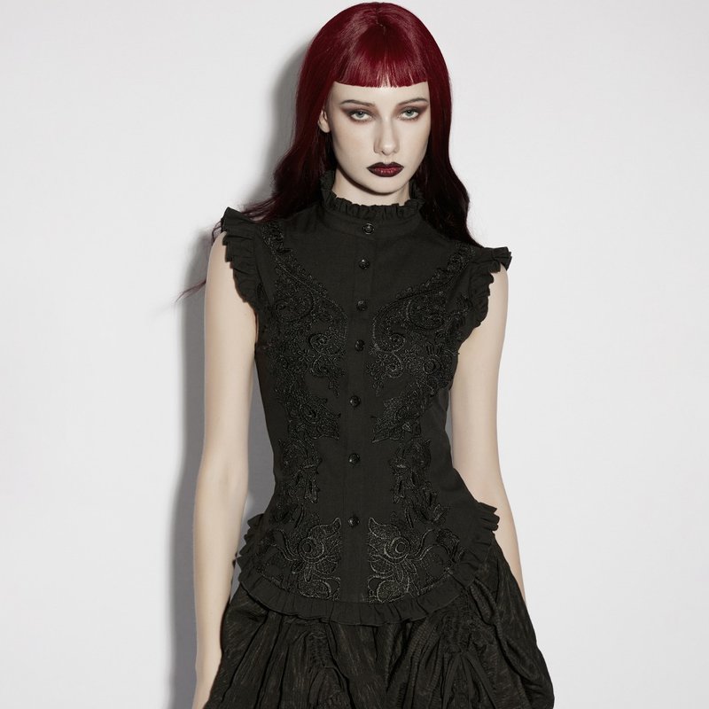 哥德施法者华丽贴花飞肩衬衫 - 女装衬衫 - 其他材质 黑色