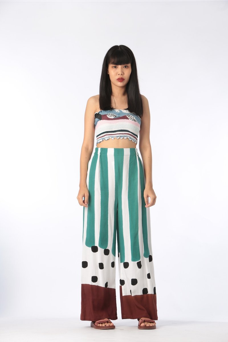 Hand Painted Pants - Free Size For Summer Beach Vacation - 男士长裤 - 棉．麻 绿色