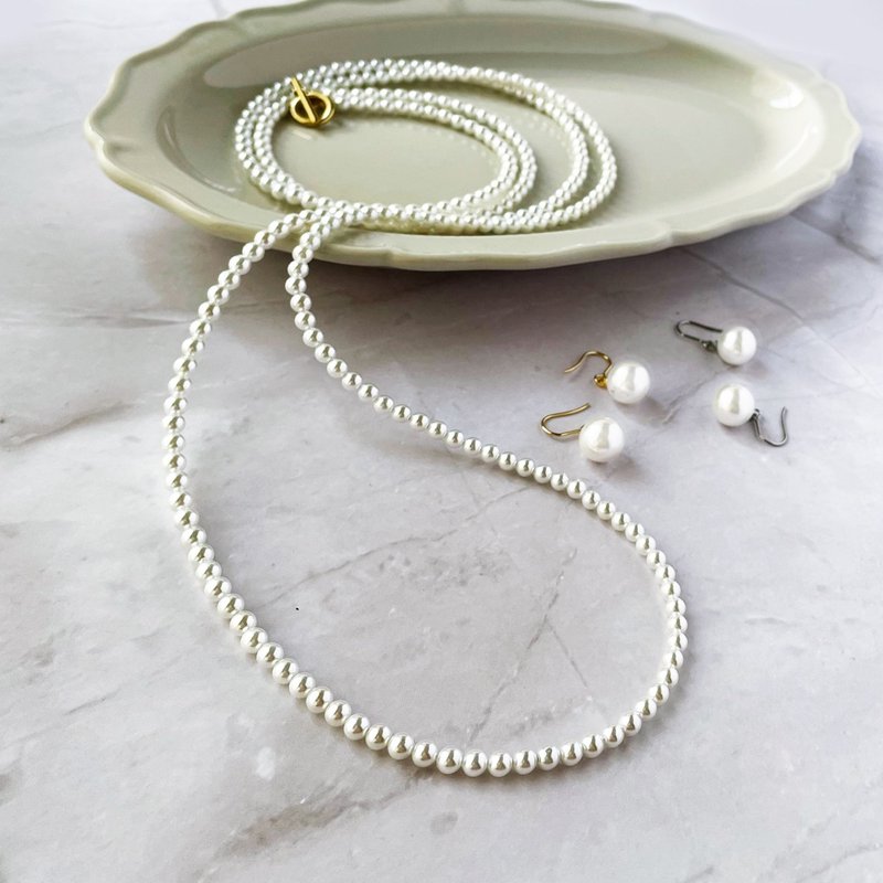 长款珍珠项链 & 耳环组 母亲节 正式场合 赠礼 - 项链 - 贝壳 白色