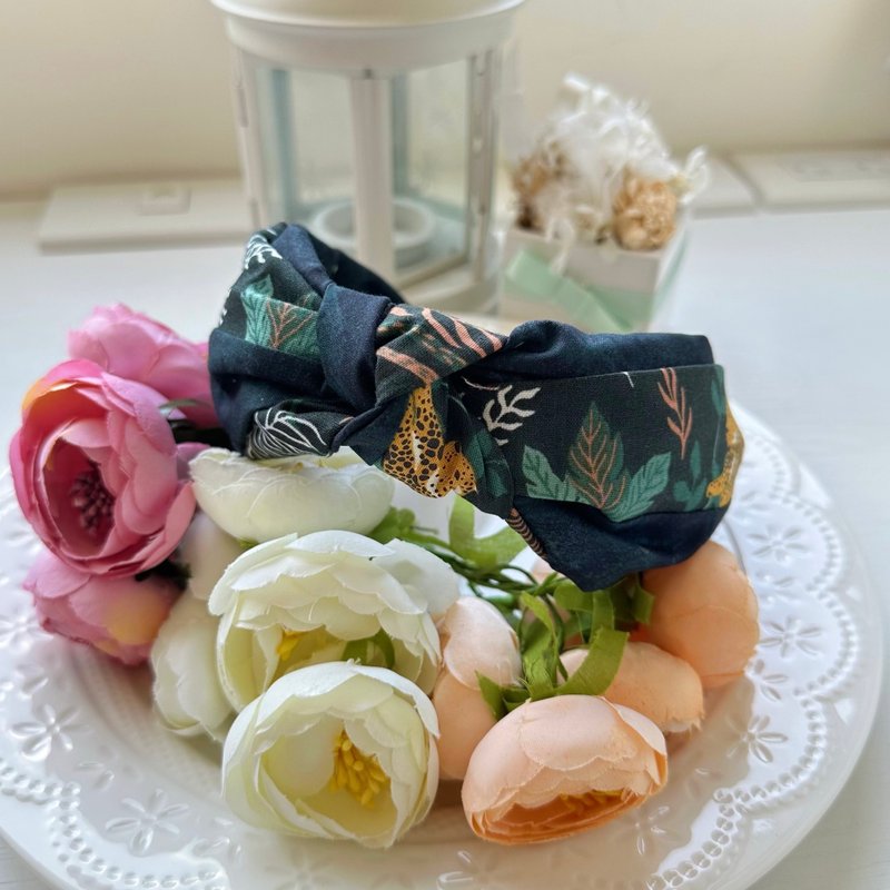 纯棉拼布绑结发箍头箍发饰-丛林花豹 - 发饰 - 棉．麻 黑色