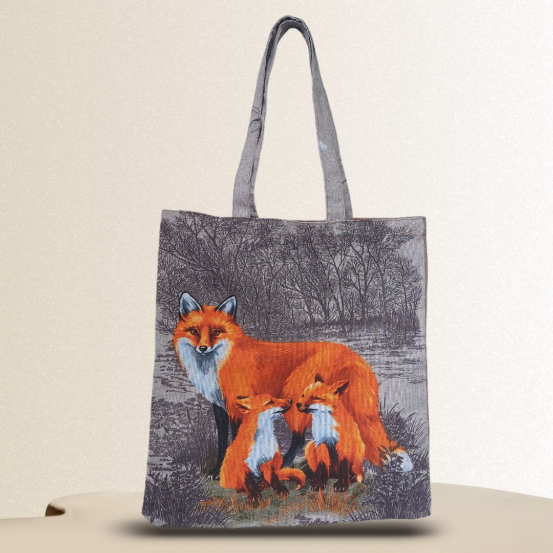 Strong reusable brown tote bag, eco friendly, cotton canvas soft bag with a fox - 手提包/手提袋 - 棉 咖啡色