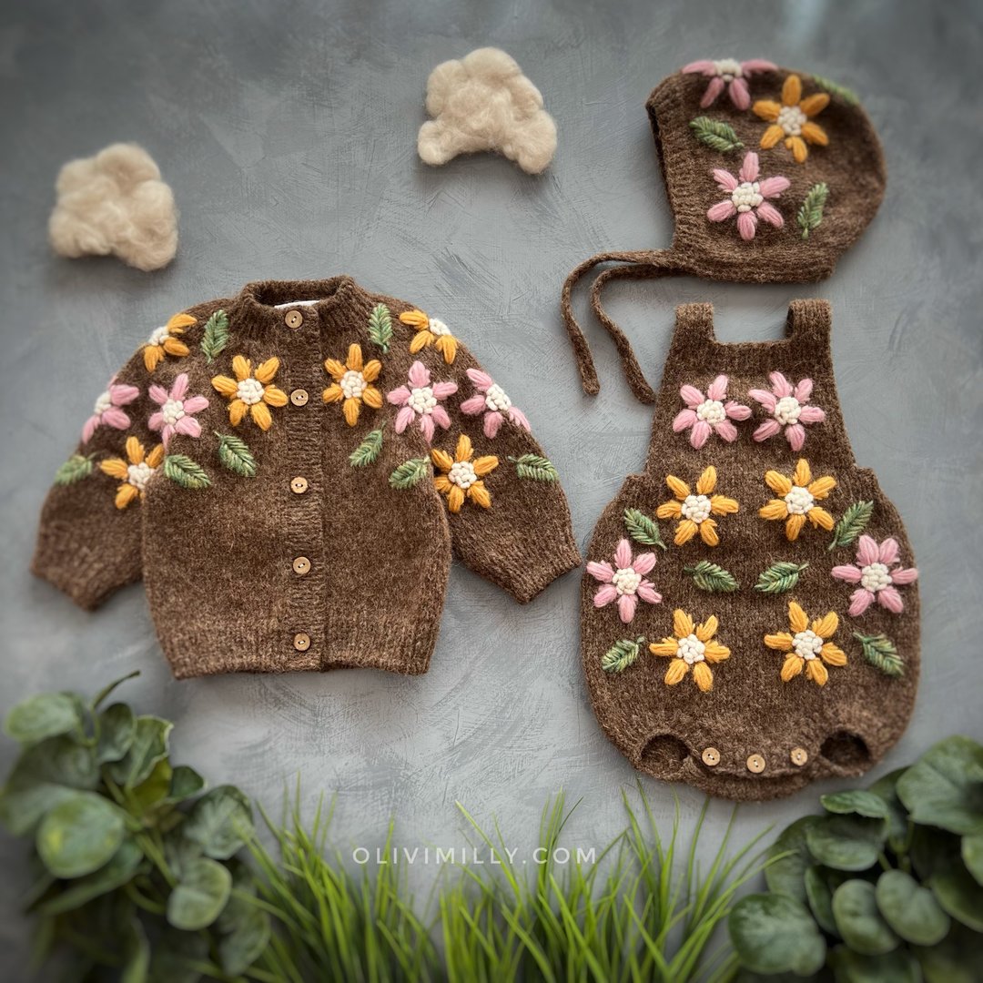Flower Rain set, cardigan, romper, cap, kids set, baby clothes, kids - 其他 - 羊毛 咖啡色