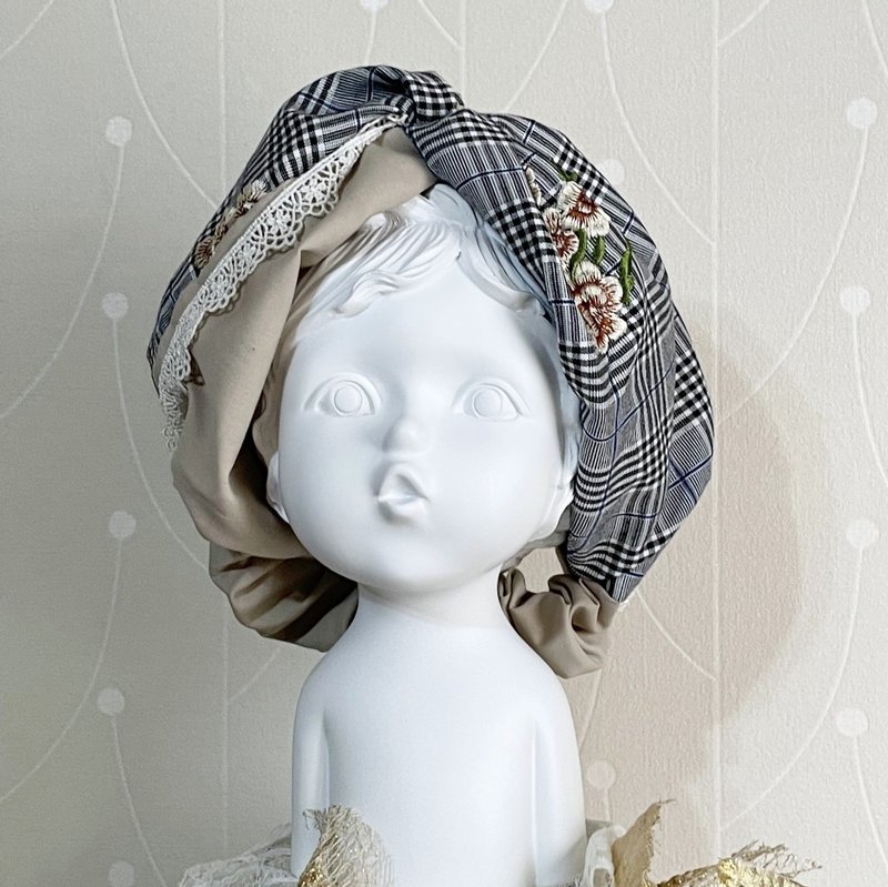 巨宽交叉松紧发带/ 刺绣格子双色拼接宽版头巾领巾头饰 头带 发饰 - 发带/发箍 - 其他材质 卡其色