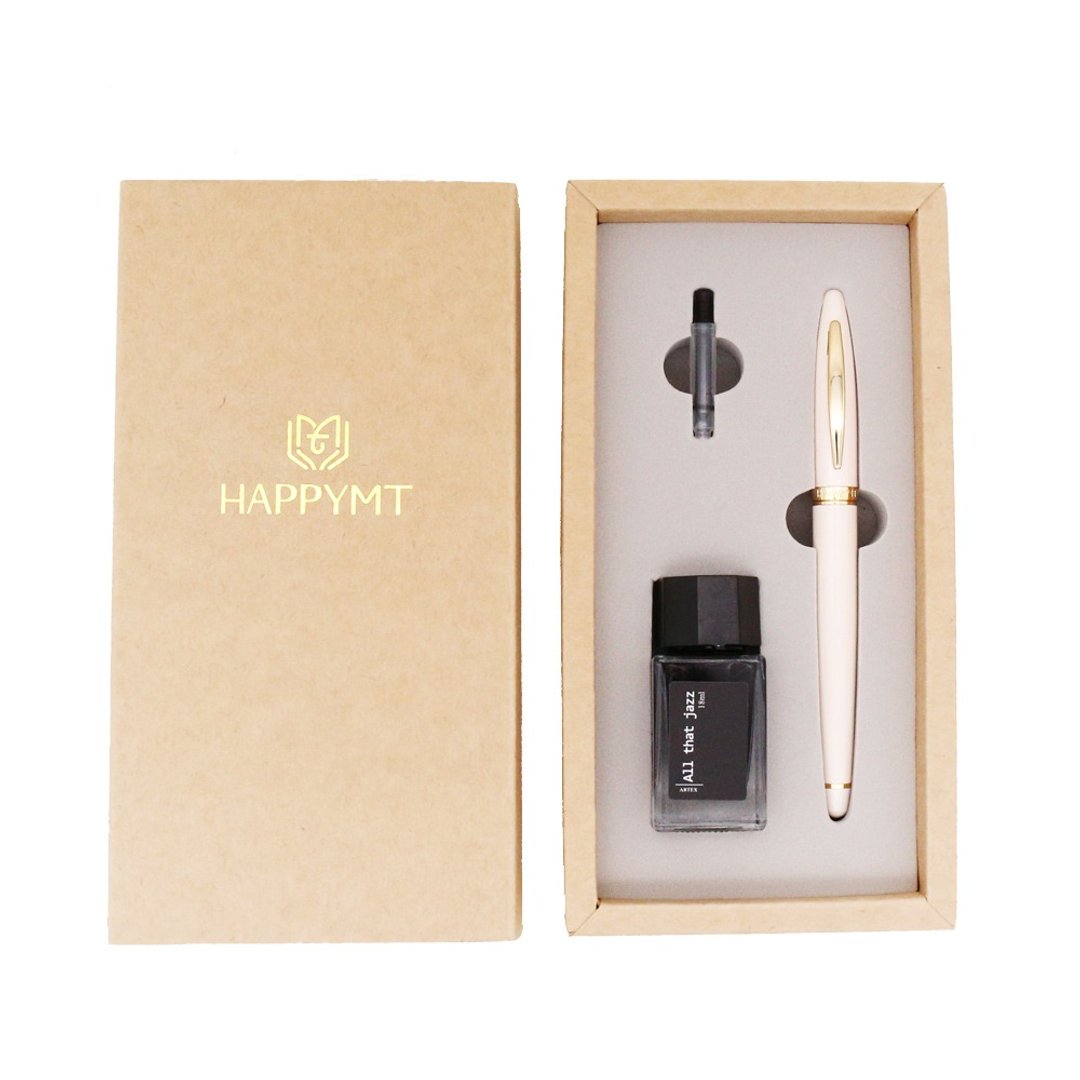 【定制化礼物】HAPPYMT开心钢笔墨水礼盒 珠光米金夹 - 钢笔 - 铜/黄铜 白色
