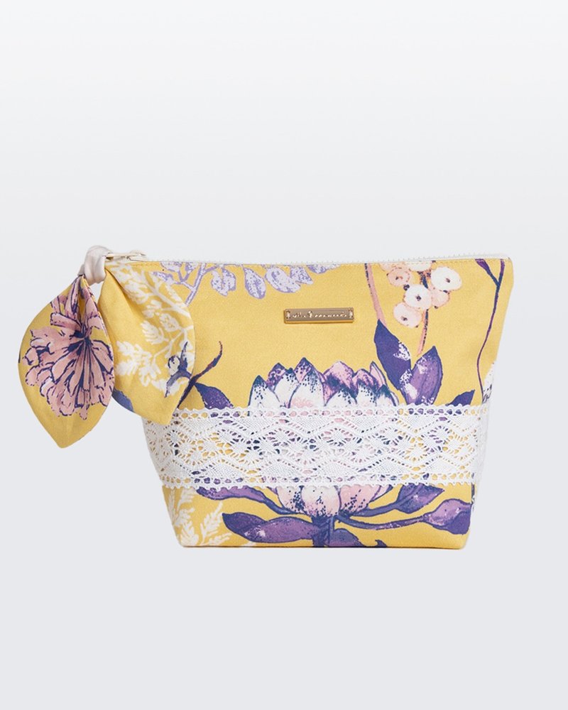 【城市印花-南非开普敦】啾啾绑带 蕾丝手作化妆包 皇后黄 - 化妆包/杂物包 - 棉．麻 黄色