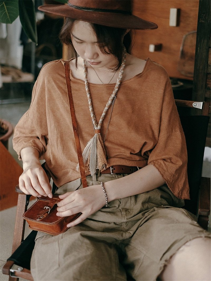 焦糖色 4色 漢麻棉複古oversize素面短袖T恤 植物染經典寬松圓領 - 女装 T 恤 - 棉．麻 橘色