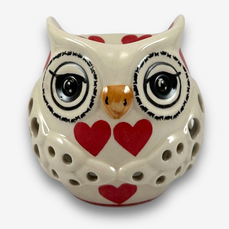 波兰手绘手工陶-猫头鹰精油烛台 11cm 红心皇后系列 入门款 - 蜡烛/烛台 - 陶 红色