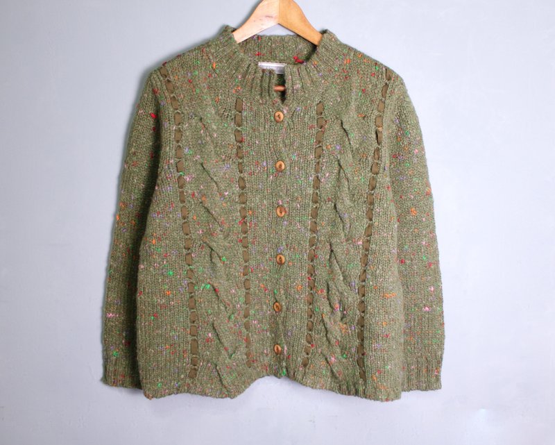 FOAK古着 苔绿混色毛线编织外套 - 女装针织衫/毛衣 - 羊毛 