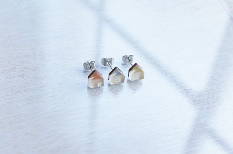 Small house earrings three-piece set / pinkgold-gray-gold - 耳环/耳夹 - 木头 多色