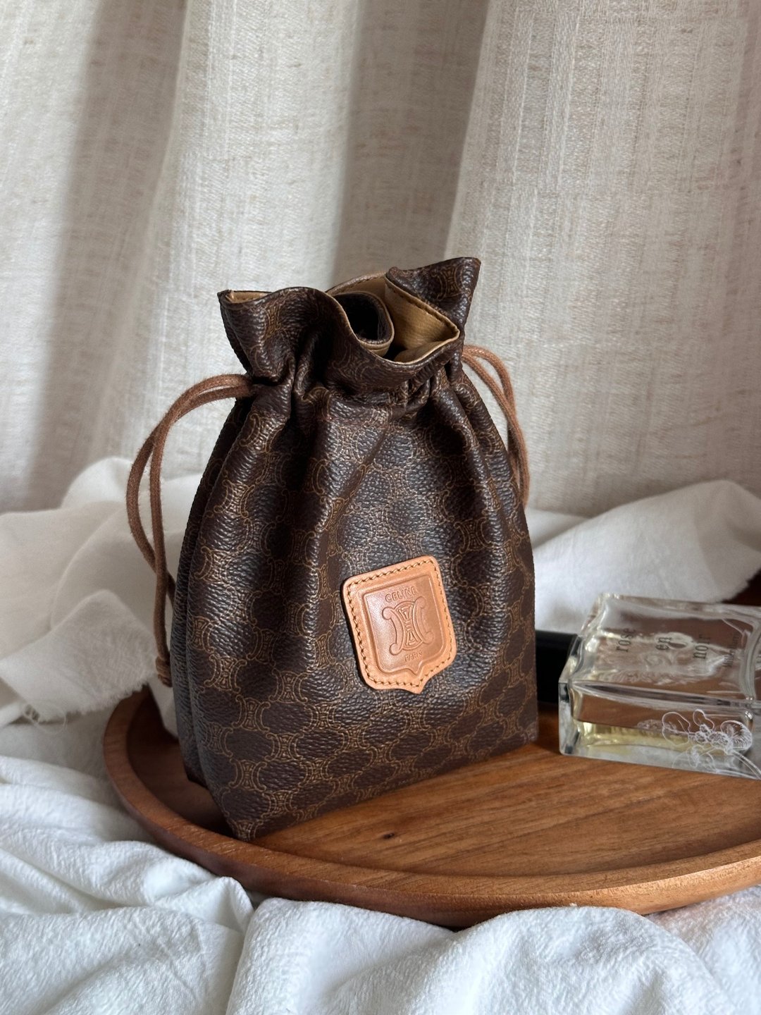 中古包Vintage Celine 棕花抽绳小福袋(附链条改造成斜背包) - 侧背包/斜挎包 - 防水材质 