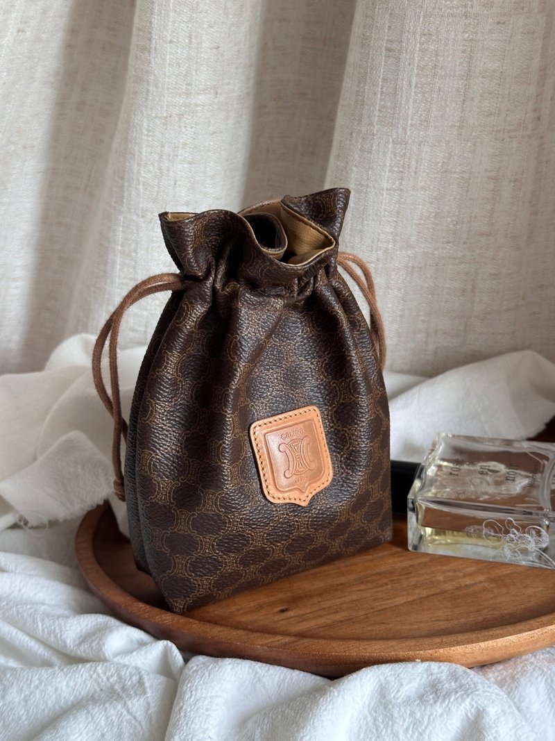 中古包Vintage Celine 棕花抽绳小福袋(附链条改造成斜背包) - 侧背包/斜挎包 - 防水材质 