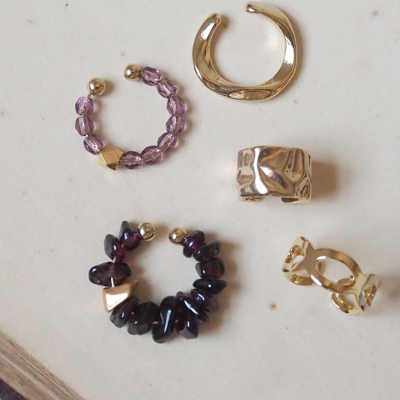 \ Value / Ear cuff 3set | Natural stone garnet, Czech beads, selectable gold | January birthstone | EC-Set7-4 - 耳环/耳夹 - 半宝石 红色