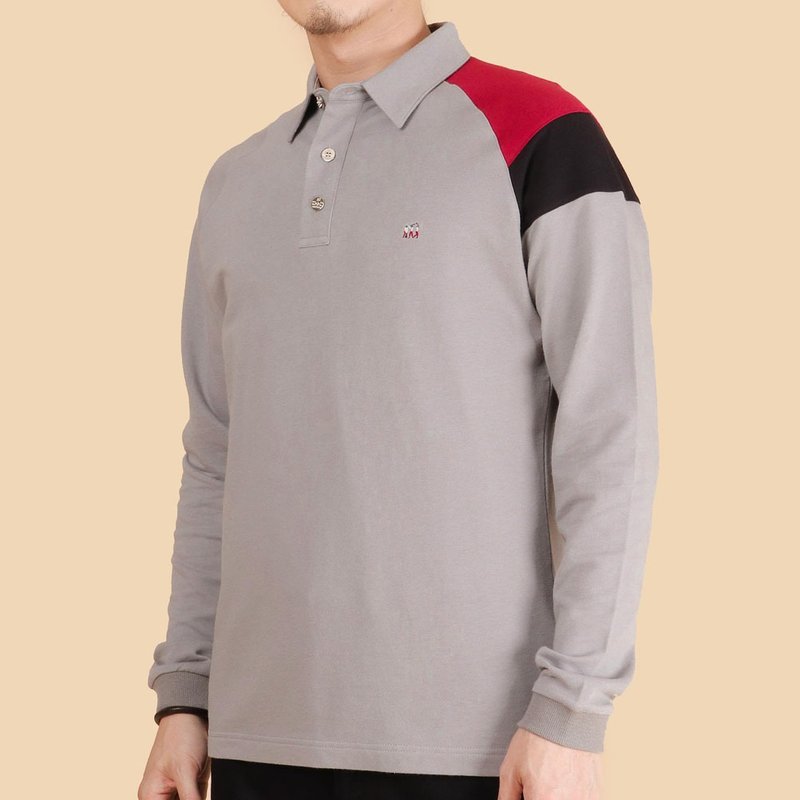 【男友礼物/包邮】胶原蛋白拼接厚长袖男polo衫│灰色 - 男装上衣/T 恤 - 棉．麻 灰色