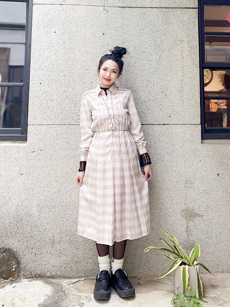 浅浅粉浪漫格纹半立体星光碎点 长裙洋装连身裙古着ドレスDress - 洋装/连衣裙 - 聚酯纤维 多色