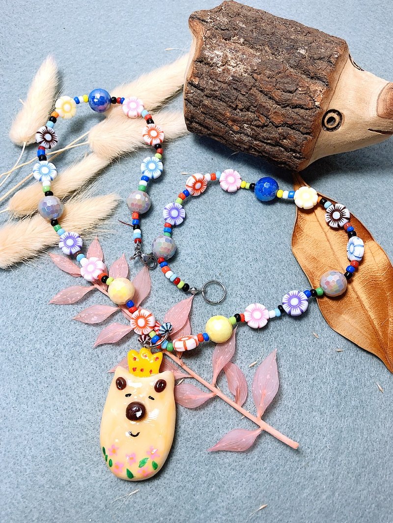 王冠小熊 手作黏土项链 陶土 手绘捏制 钢丝线不锈钢扣 串珠 - 项链 - 粘土 黄色