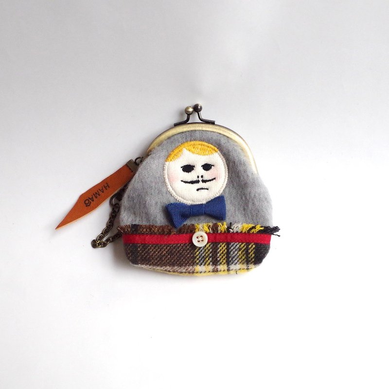 HAMAONIGIRI "gray knit × yellow check pants" - 化妆包/杂物包 - 棉．麻 灰色