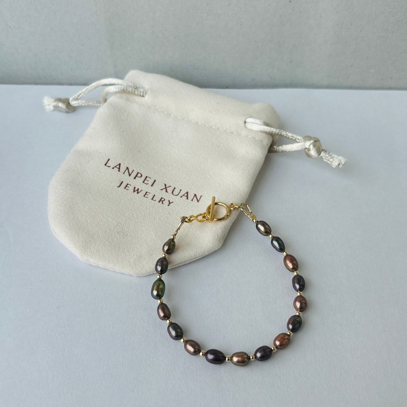 天然淡水黑珍珠 × 14KGF 小金豆手链 行星环扣 - 手链/手环 - 珍珠 