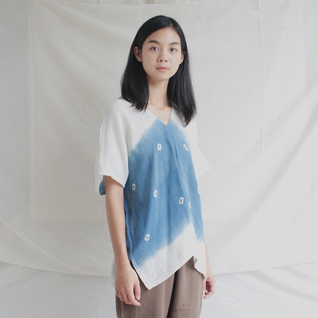 Karen tunic 蓝染方点上衣 - 洋装/连衣裙 - 棉 蓝色