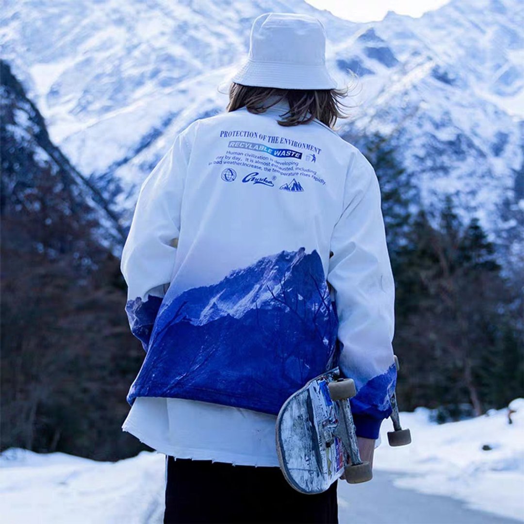 嘻哈情侣雪山印花工装衬衫夹克外套 - 男装衬衫 - 棉 蓝色