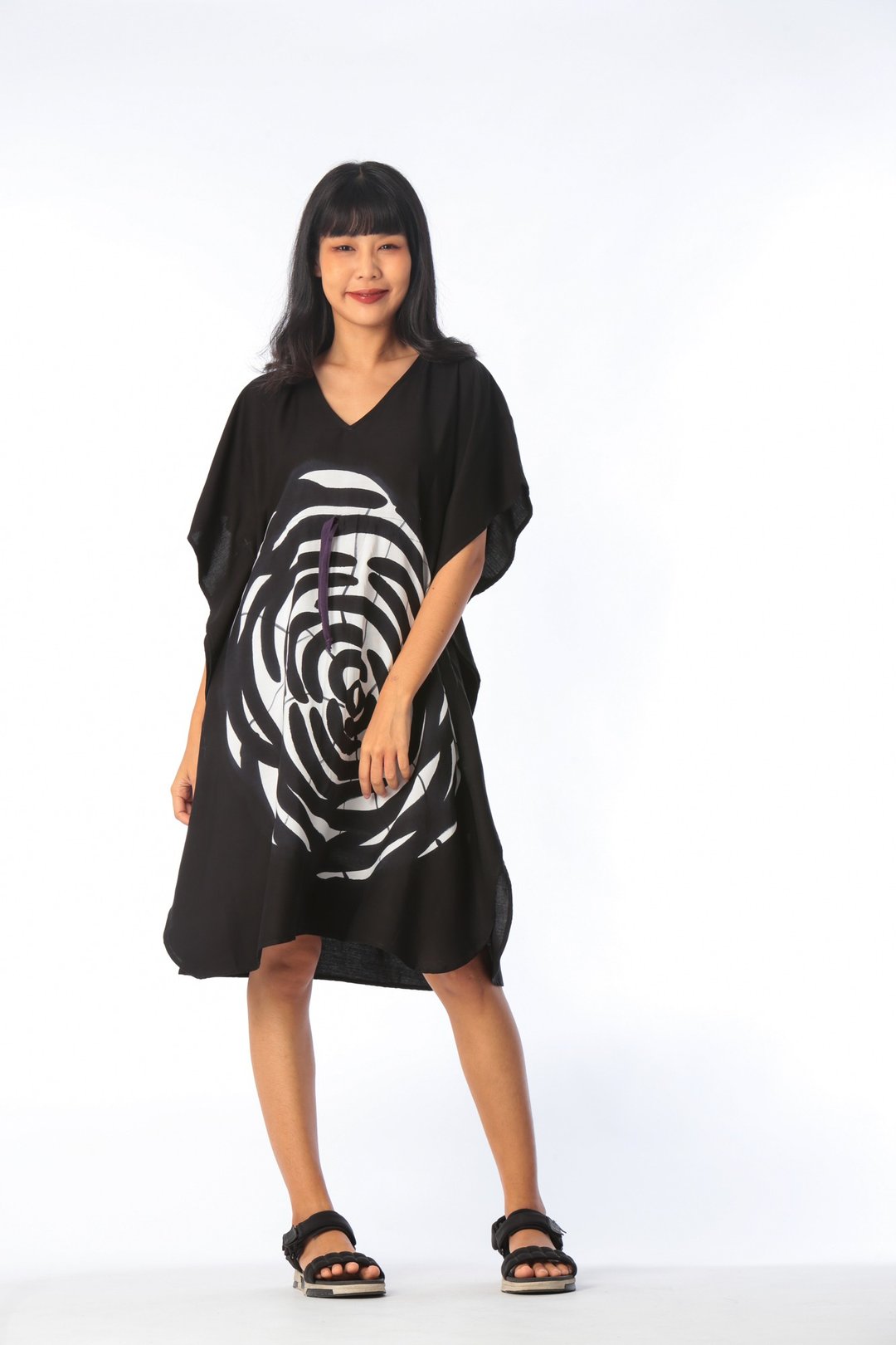 Kaftan Waist Jump Cotton Rayon Hand paint For Summer Beach V - 洋装/连衣裙 - 棉 黑色