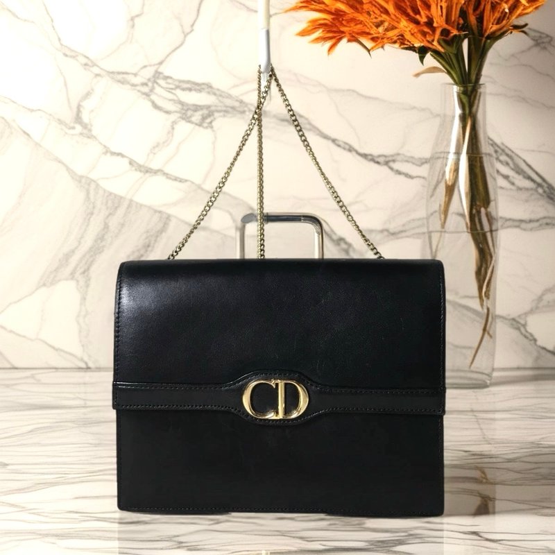 中古二手包 Dior 黑金色翻盖包 单肩包 侧背包 斜背包 古董包手袋 - 侧背包/斜挎包 - 真皮 黑色
