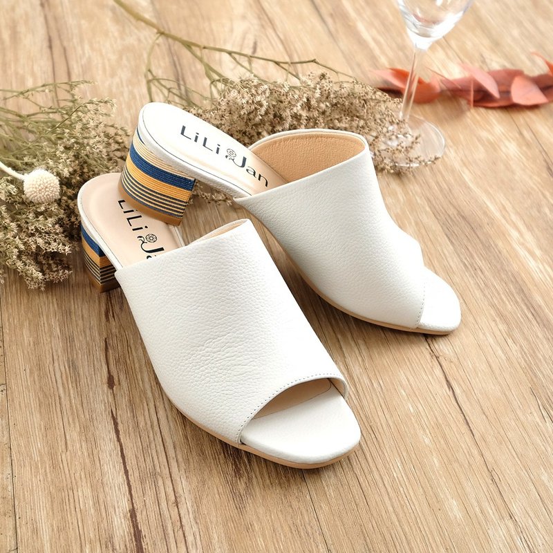 【特调鸡尾酒】拼接撞色牛皮中跟穆勒鞋_白色俄罗斯 - 男女凉鞋 - 真皮 