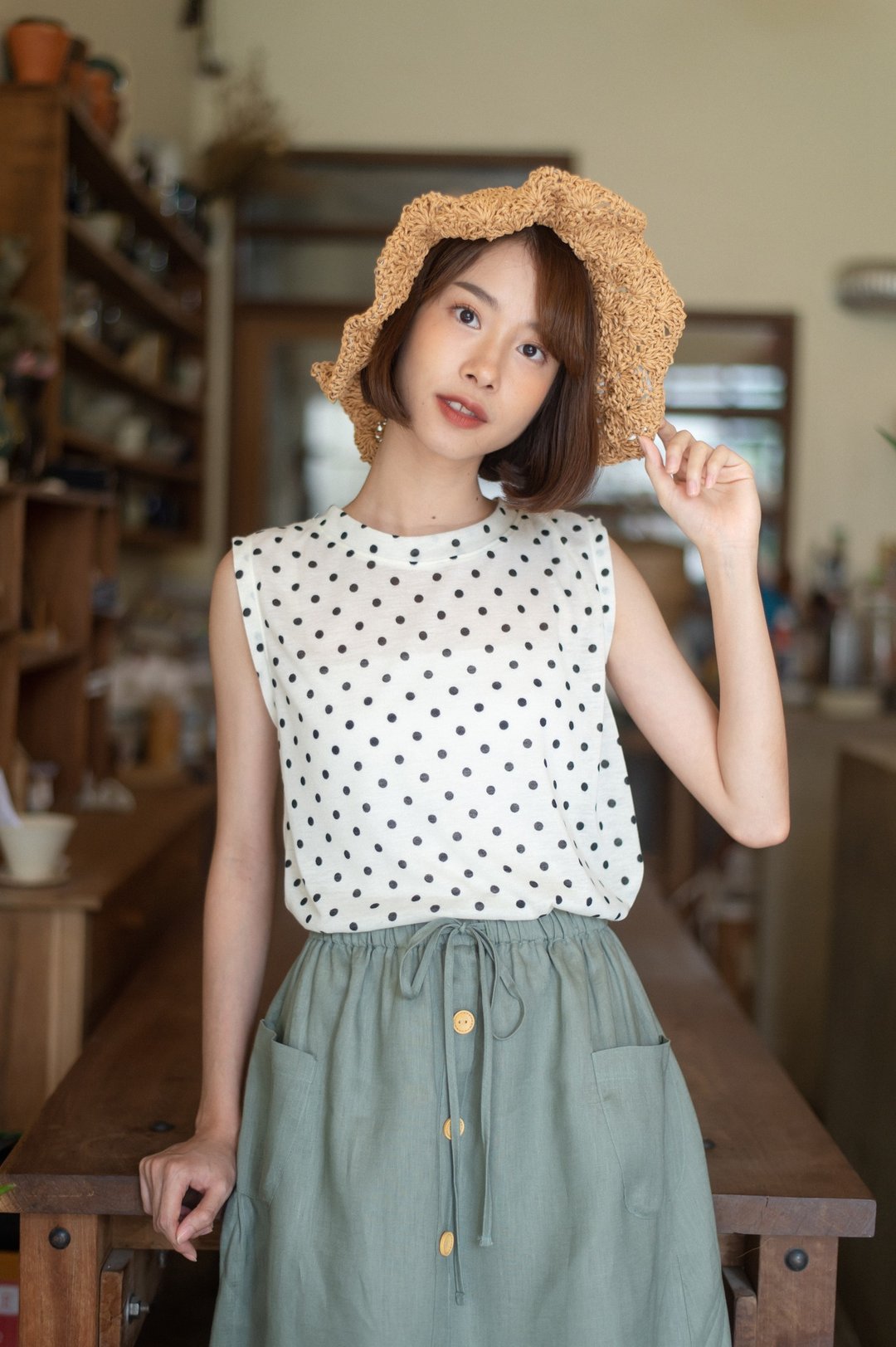 Basic Tank top - Polka dot - 女装 T 恤 - 棉 白色