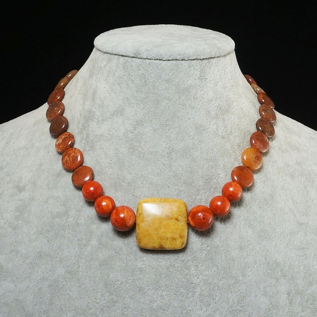 Coral Choker Fire Red Terracotta Orange Yellow Beaded Necklace Woman Jewelry - 项链 - 半宝石 橘色