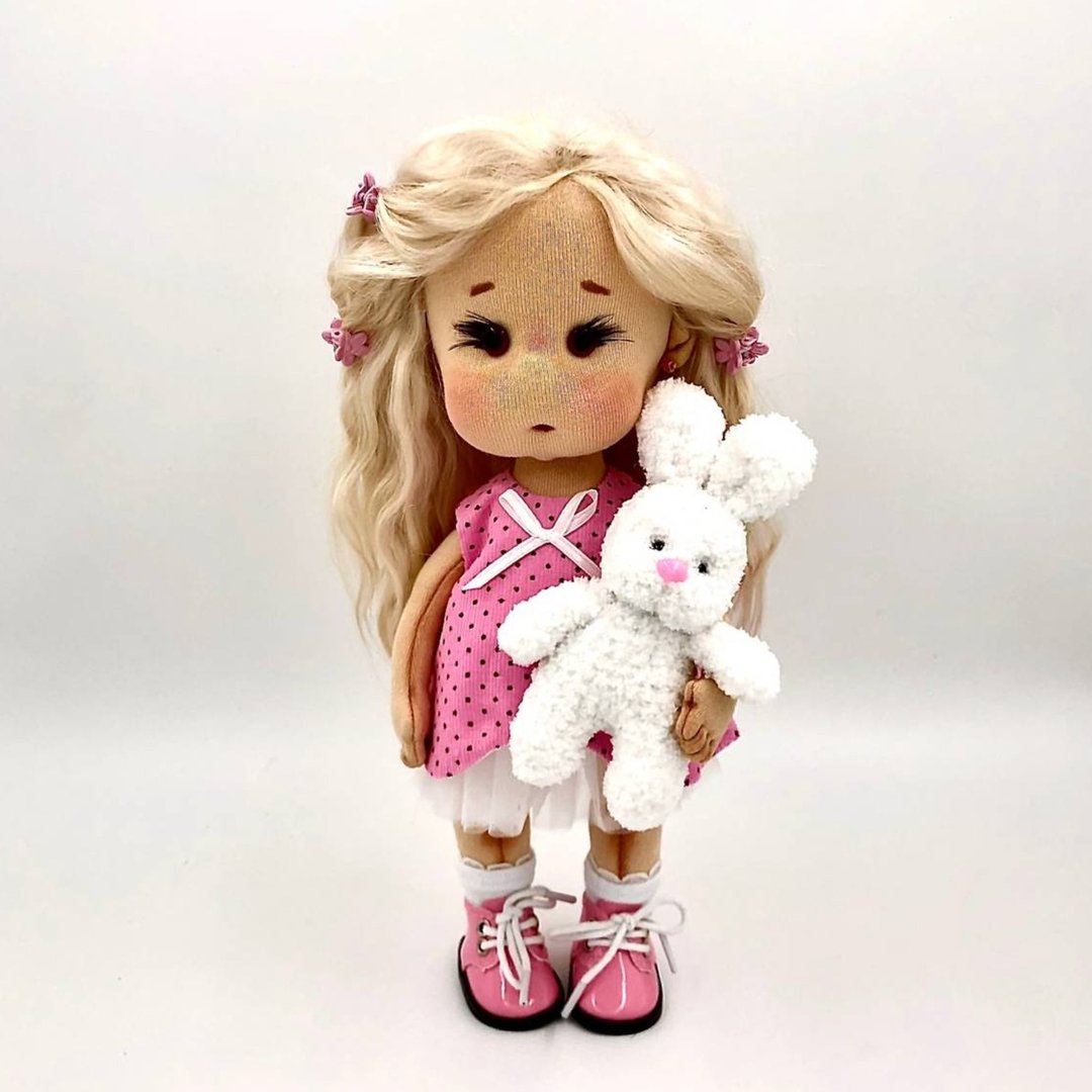 Textile doll with bunny, Soft fabric puppe, Rag doll, Christmas Gift Wrapping - 玩偶/公仔 - 其他材质 粉红色