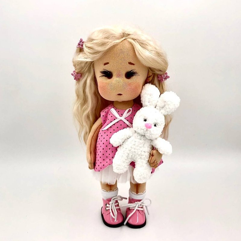 Textile doll with bunny, Soft fabric puppe, Rag doll, Christmas Gift Wrapping - 玩偶/公仔 - 其他材质 粉红色