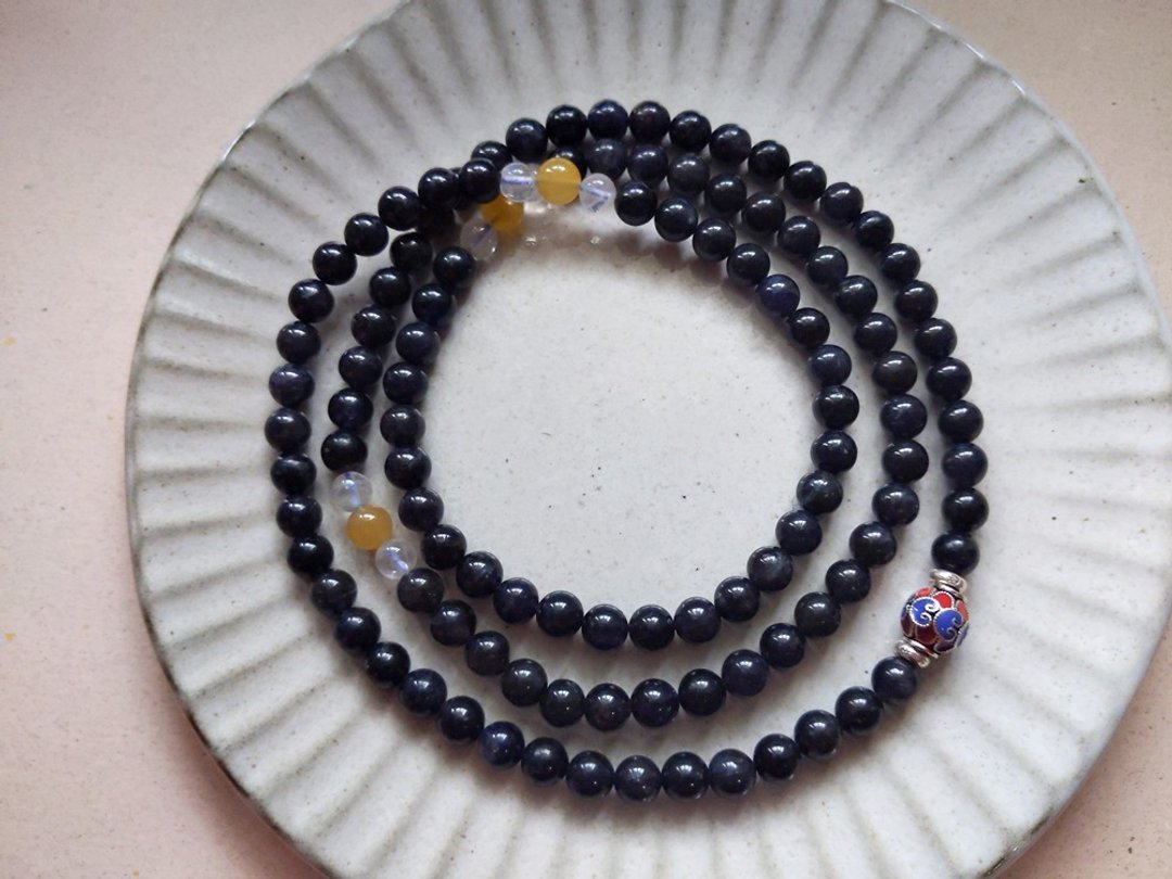 ORLI Jewelry 金属系闪银光天然堇青石108颗念珠 堇青石佛珠 纯银 - 手链/手环 - 水晶 黑色