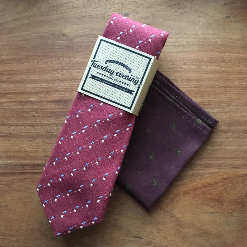 Neck tie Red Dot Stitched Tie Set w/ Pocket Square - 领带/领带夹 - 棉．麻 红色