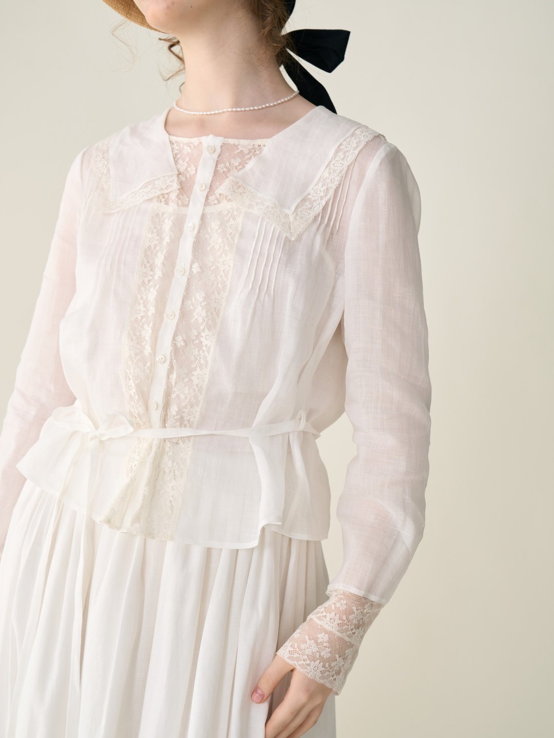 vintage复古 法蕾纯苎麻 手工衬衫 半裙 秋款长袖 - 女装衬衫 - 其他材质 白色