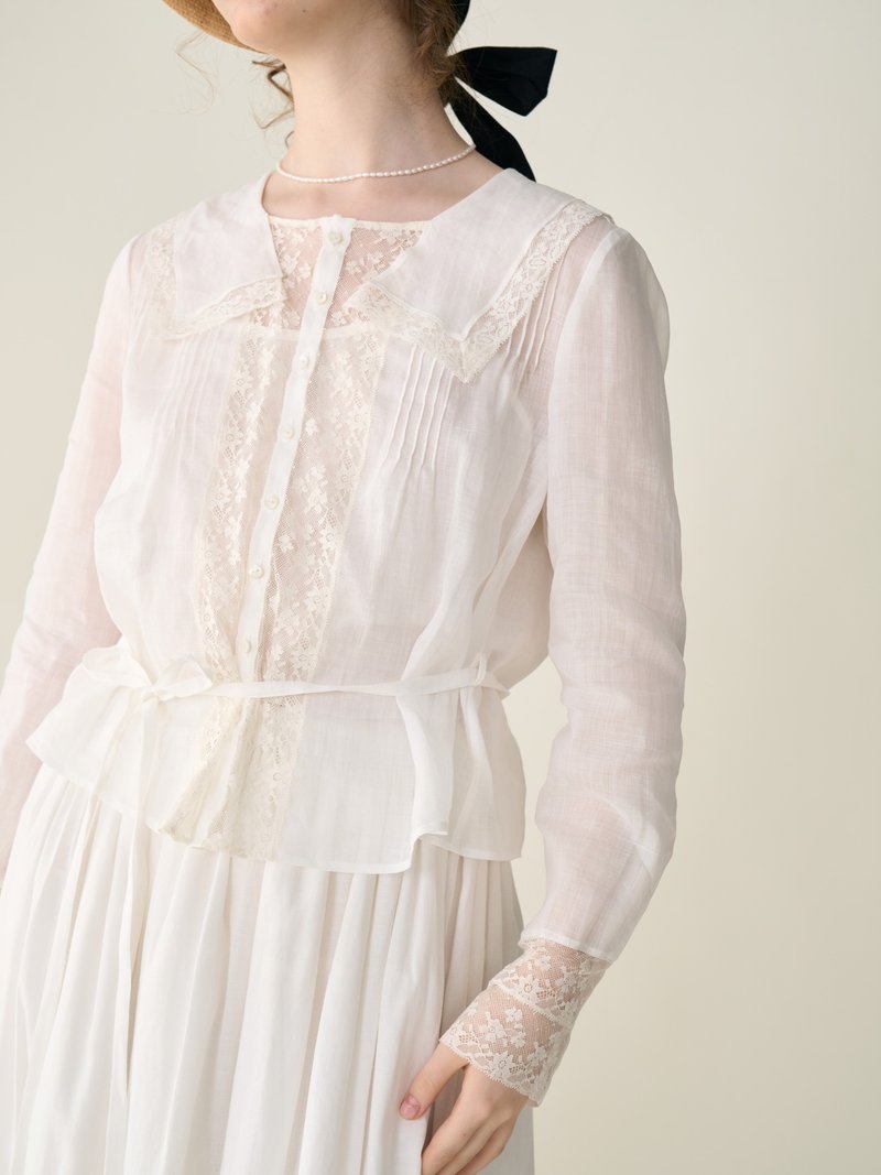 vintage复古 法蕾纯苎麻 手工衬衫 半裙 秋款长袖 - 女装衬衫 - 其他材质 白色