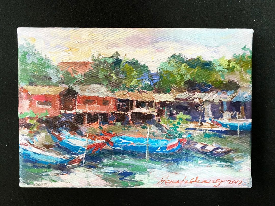 风景油画-关渡水上人家 - 海报/装饰画/版画 - 棉 蓝色