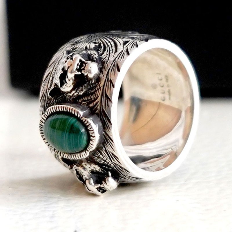 全新19号GUCCI 925纯银老虎头绿孔雀石宝石戒指环 意大利奢侈名牌 - 戒指 - 棉．麻 银色