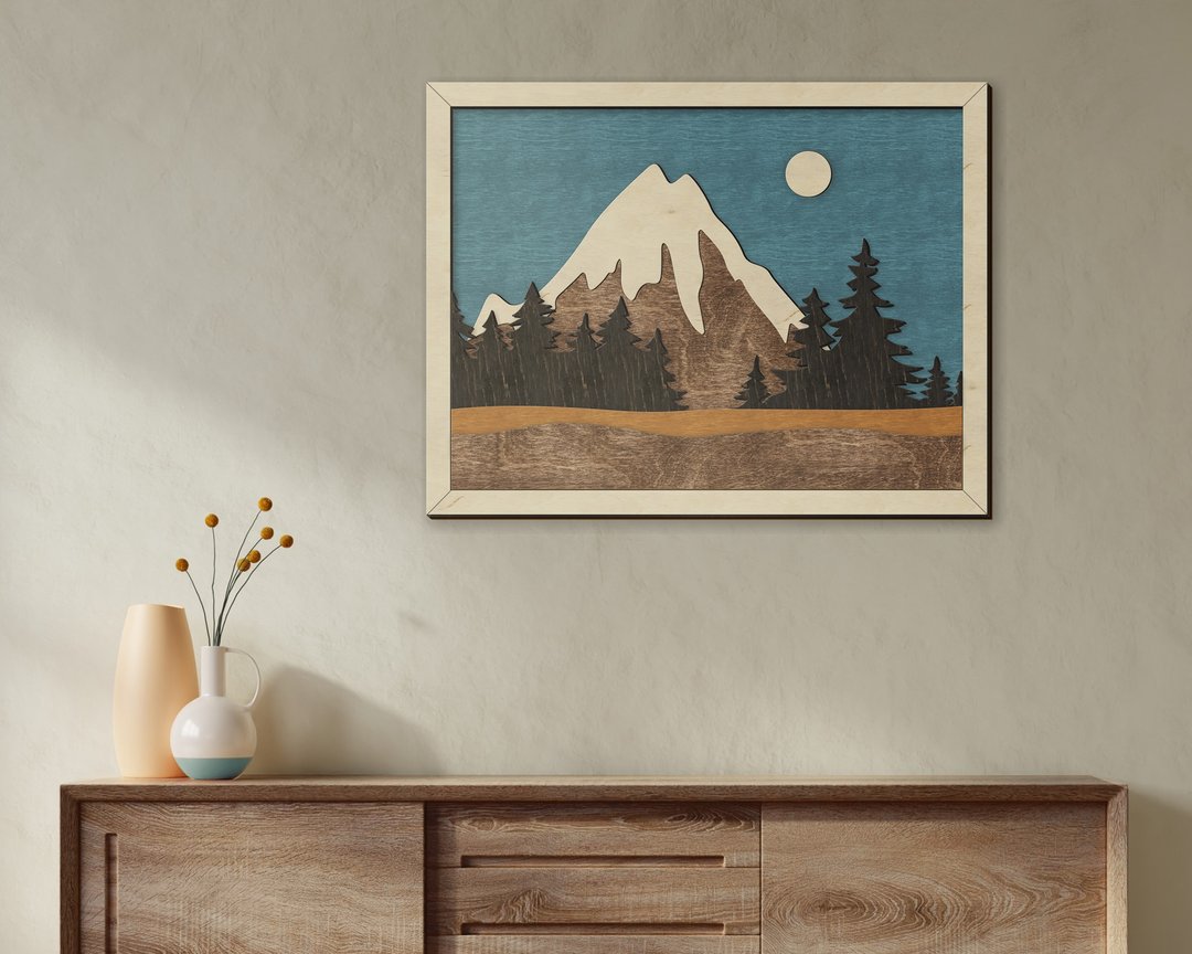 Laser engraved picture of a mountain Multi layer 3d wall decor Sunrise wall art - 墙贴/壁贴 - 木头 多色