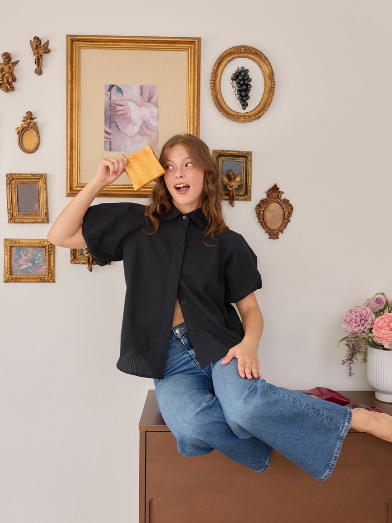 (预购) BIRUCHU 泡泡袖衬衫：黑色 - 女装衬衫 - 棉．麻 黑色