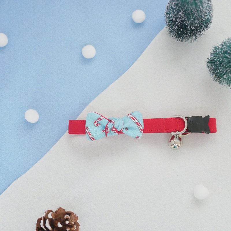 Candy Bow X'mas series Breakaway Cat collar | Blue Candy Cane - 项圈/牵绳 - 棉．麻 