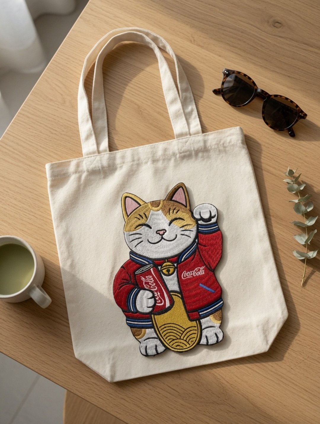 定制刺绣招财猫托特包 可口可乐幸运猫帆布袋 招财猫手提袋 生日 - 手提包/手提袋 - 棉 白色