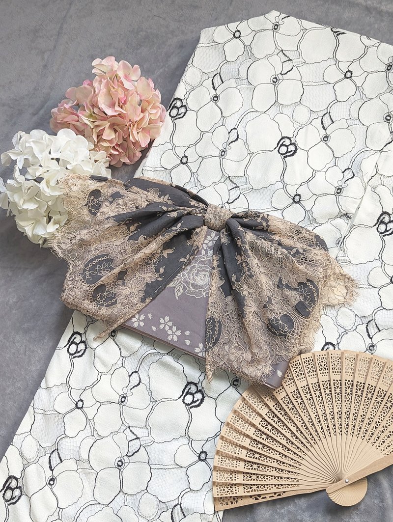 【洋粋youiki】原创和洋风格。帯扬|帯扬げ。深灰底色/浅茶蕾丝 - 皮带/腰带 - 棉．麻 