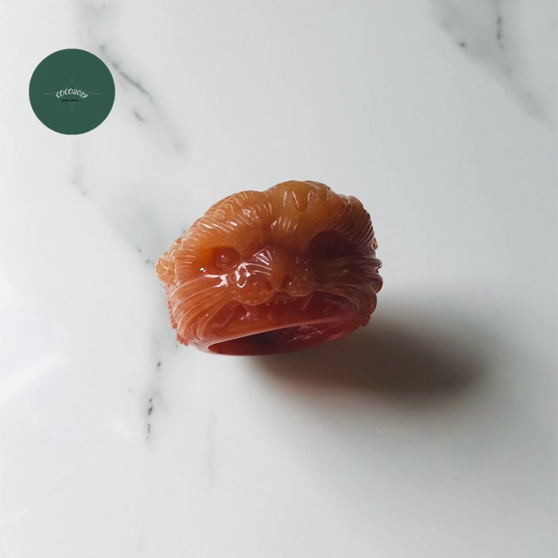罕见缅甸a貨　红黄翡翠雕刻戒指虎牙精细雕工　R641-001 - 戒指 - 玉石 红色