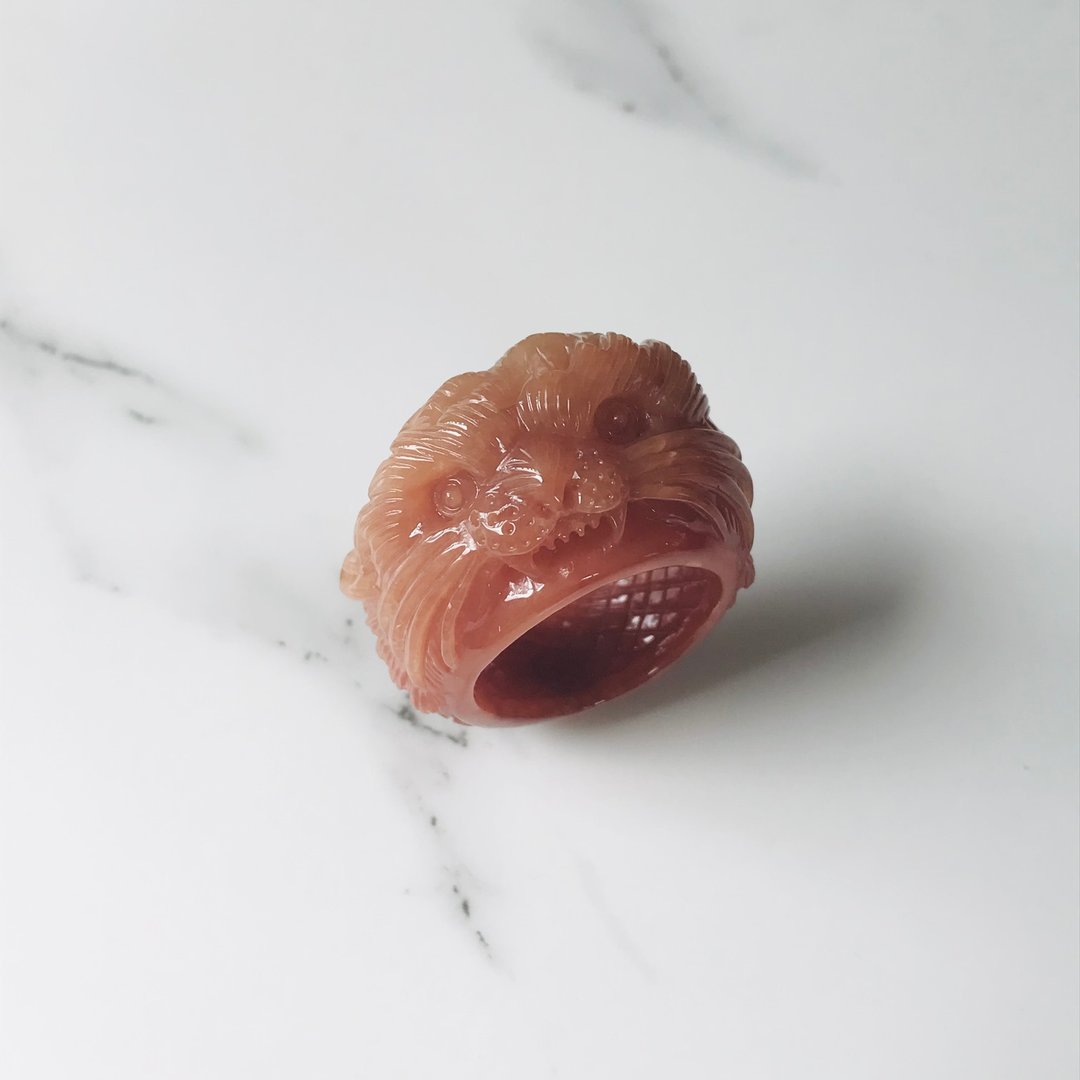 罕见缅甸a貨　红黄翡翠雕刻戒指虎牙精细雕工　R641-001 - 戒指 - 玉石 红色