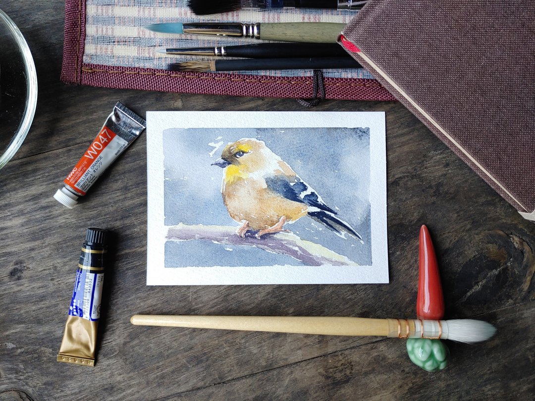 Original watercolor bird postcard. Hand-painted card in watercolors - 卡片/明信片 - 纸 灰色