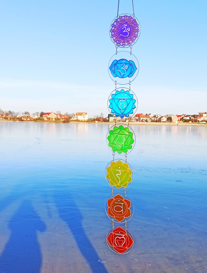 设置7脉轮suncatcher神圣几何彩色玻璃瑜伽冥想治疗 - 墙贴/壁贴 - 玻璃 多色